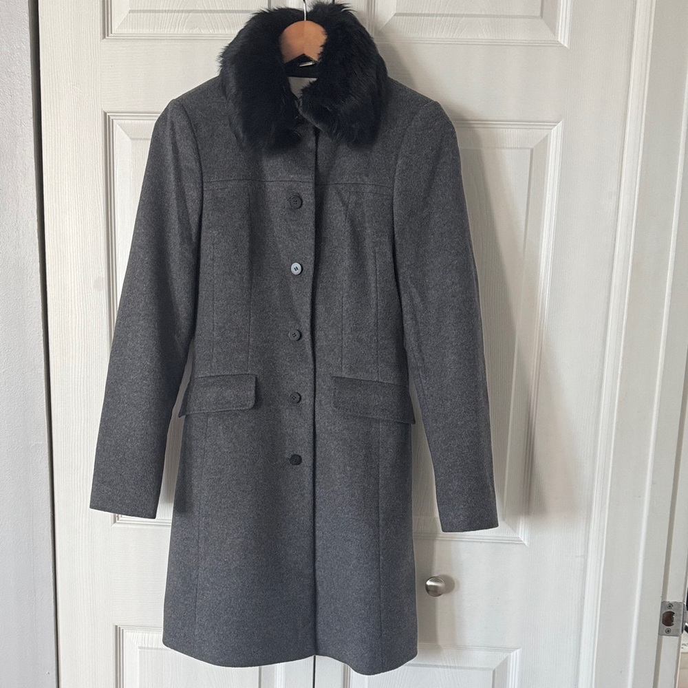 Boss Charcoal Coat with Black Faux Fur Collar